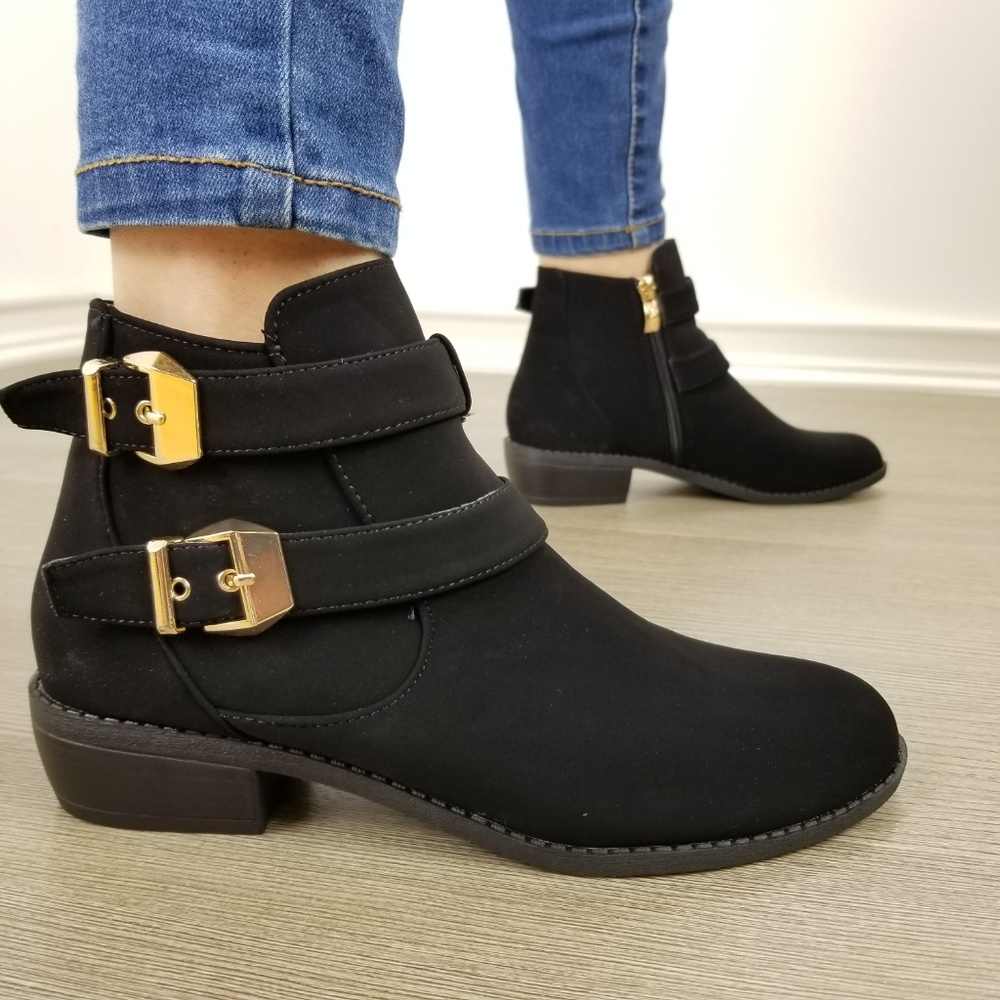 Black Vegan Nubuck Double Buckle Ankle Boots-FF - Picture 8 of 8